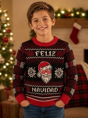 Holiday Time Red & Black 'Feliz Navidad' Kids Holiday Sweater Top